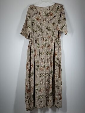 Vintage Marrika Nakk Silk Boho Prairie Midi Dress Western Santa Fe Print Women